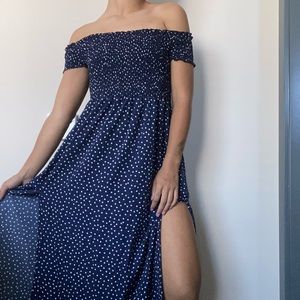 Blue and white polka dotted off shoulder dress